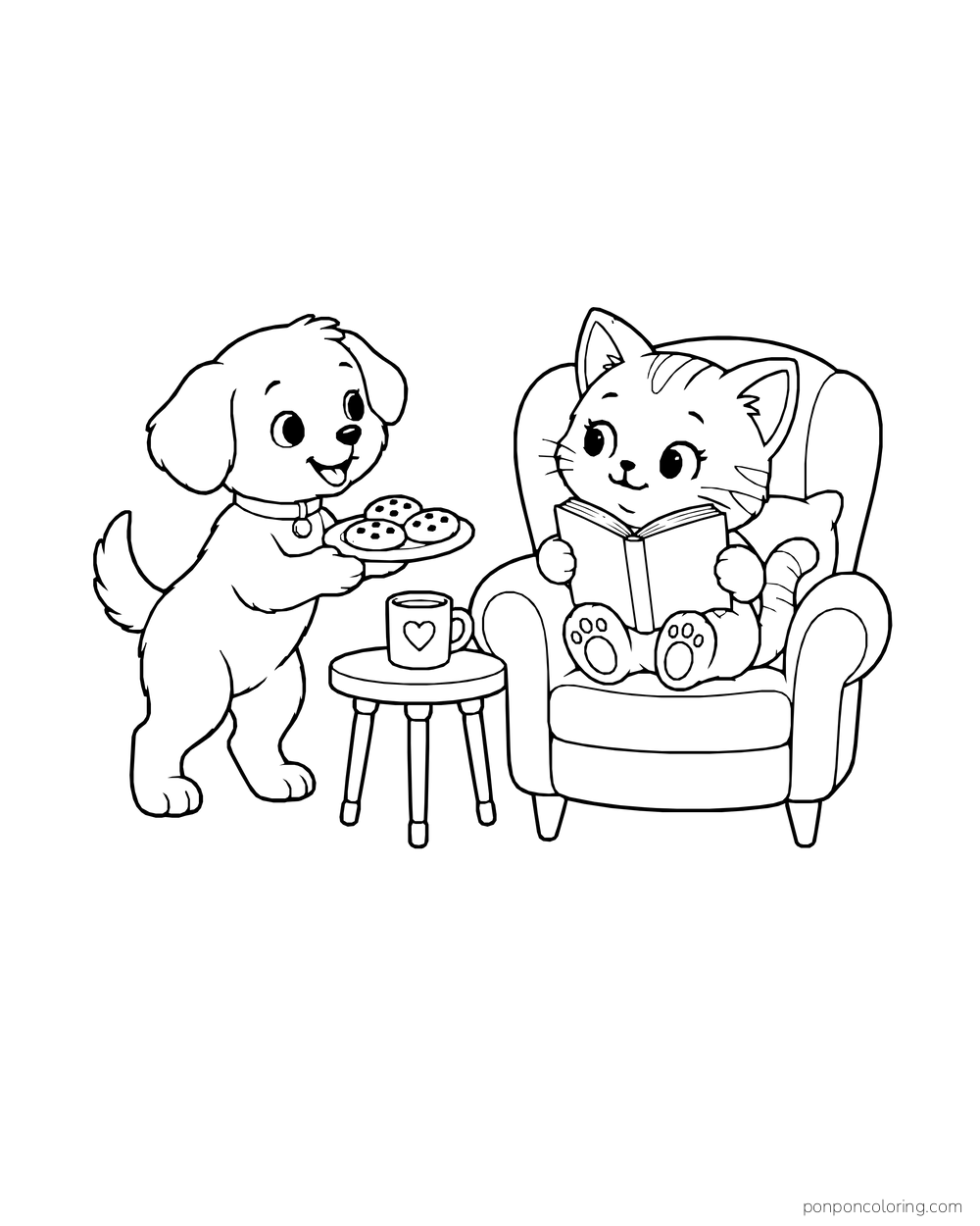 A puppy bringing a plate of three chocolate chip cookies to a kitten reading in an armchair beside a mug.