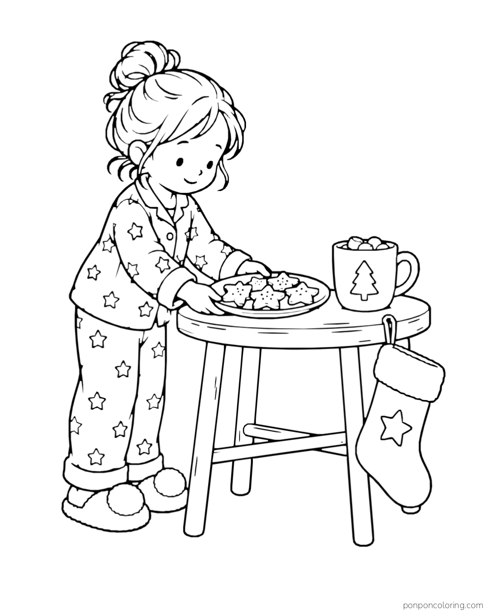 A child in star-patterned pajamas sets a plate of star cookies beside a mug and hanging stocking.