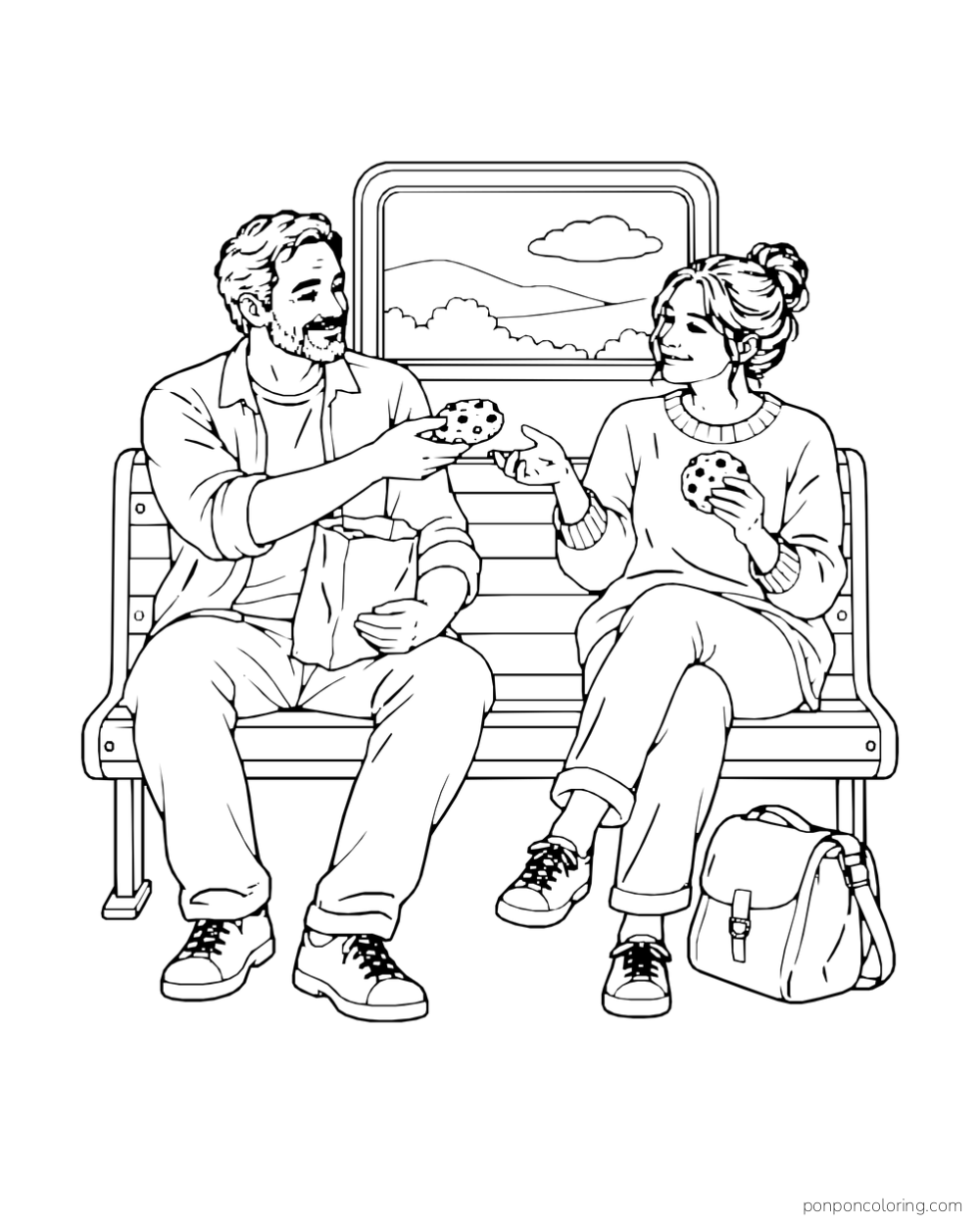 Two adults sit on a bench beneath a window and share round cookies.