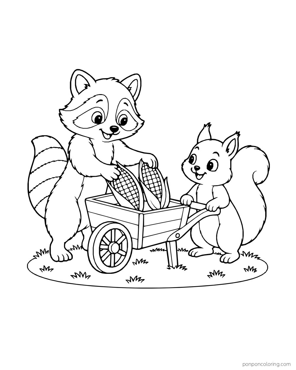 A raccoon loads corn into a small cart while a squirrel steadies it.
