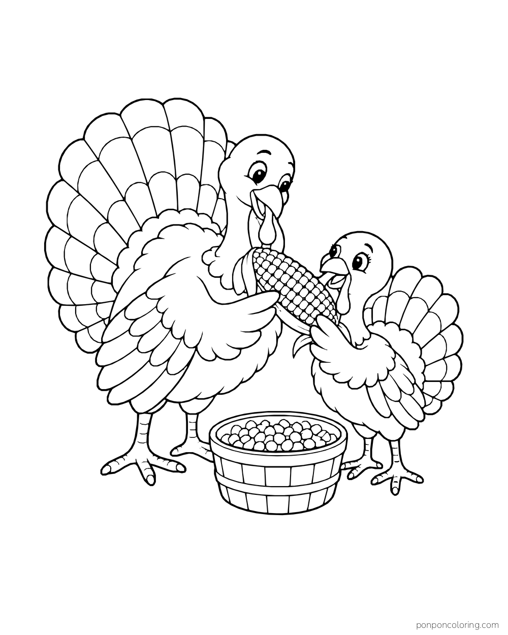 A large turkey and smaller turkey share an ear of corn beside a basket of kernels.