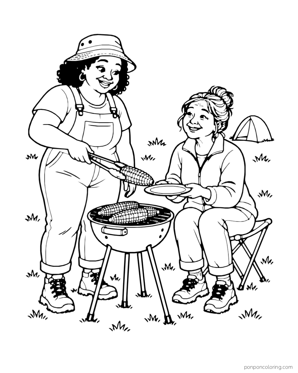 Two campers tend ears of corn on a small camp grill.