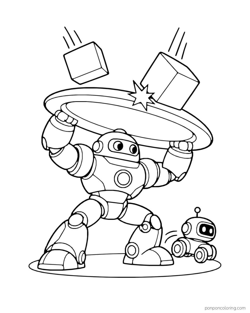 Guardian robot shields a little wheeled helper from falling blocks.
