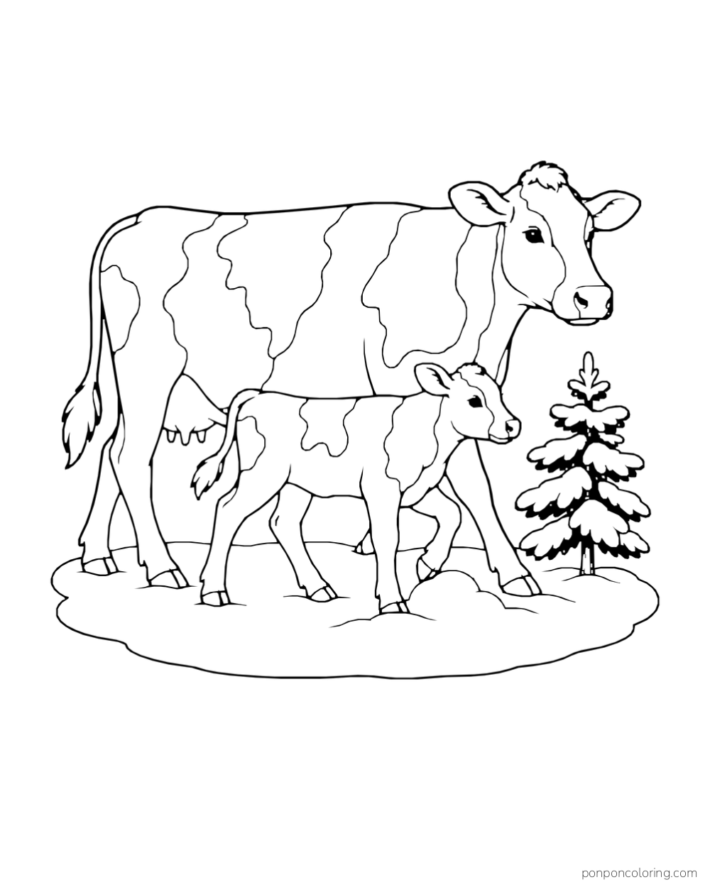 A cow and calf walk together beside a small snow covered tree.