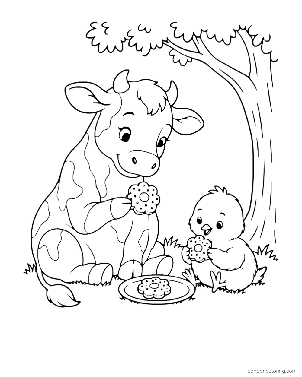 A cow and chick sit under a tree holding flower-shaped cookies beside a small plate.