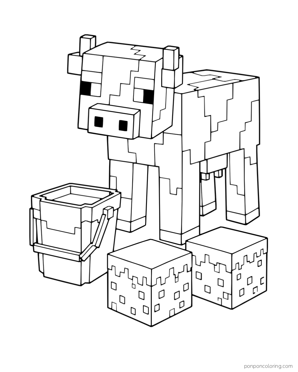 A blocky cow stands beside a milk bucket and two grass blocks.