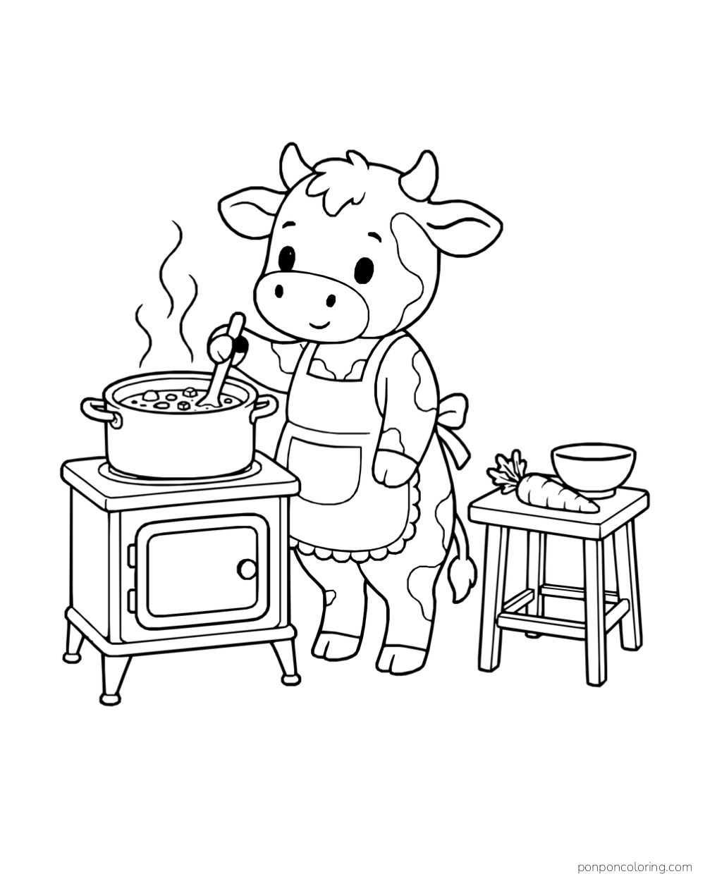 A cow wearing an apron stirs a pot on a small stove beside a stool with a bowl and carrot.