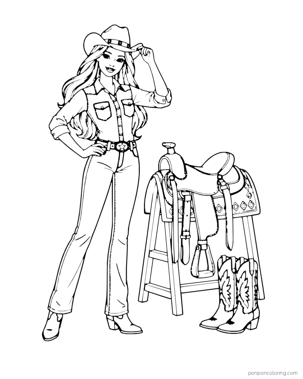 Barbie wears a cowgirl hat, shirt and pants beside a saddle on a stand and a pair of boots.