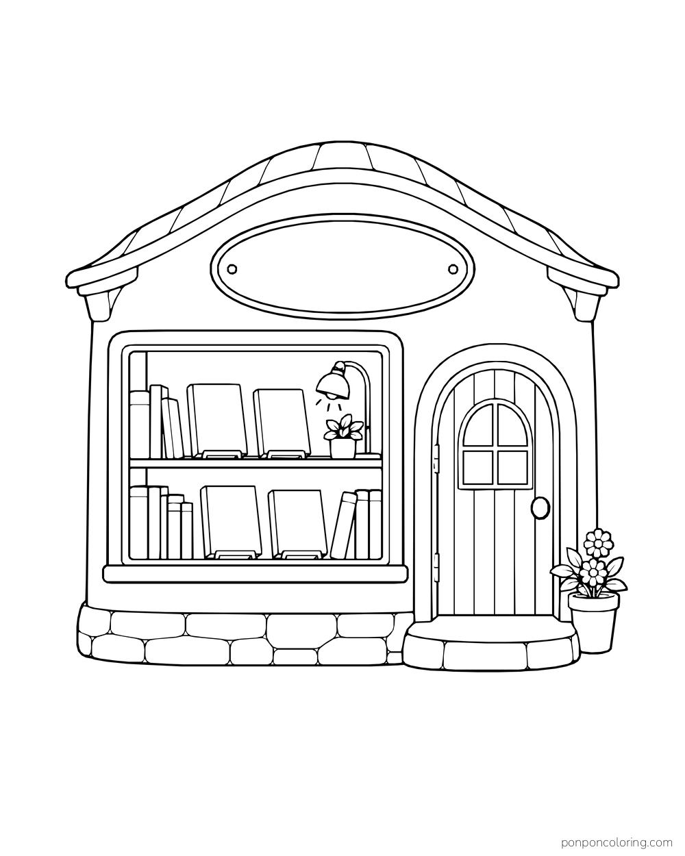 A small bookstore with an arched door, a two-shelf display window, a blank oval sign, and a flowerpot beside its stone base.