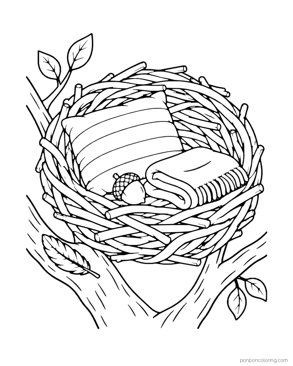 An empty twig nest on a branch holds a striped cushion, folded blanket and acorn.