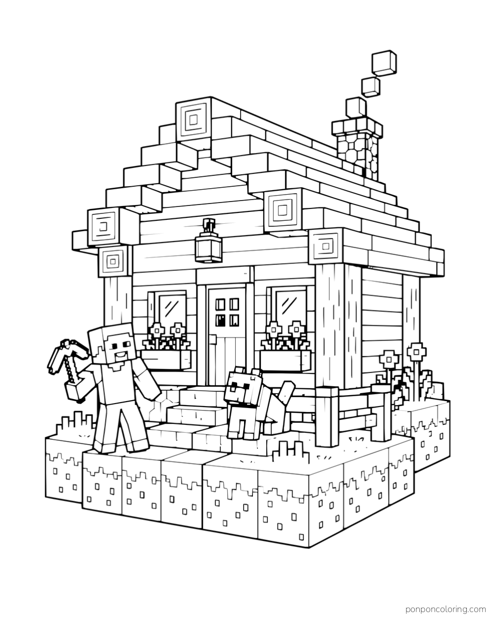 Steve and a wolf stand outside a complete log cabin on a small grass-block platform.