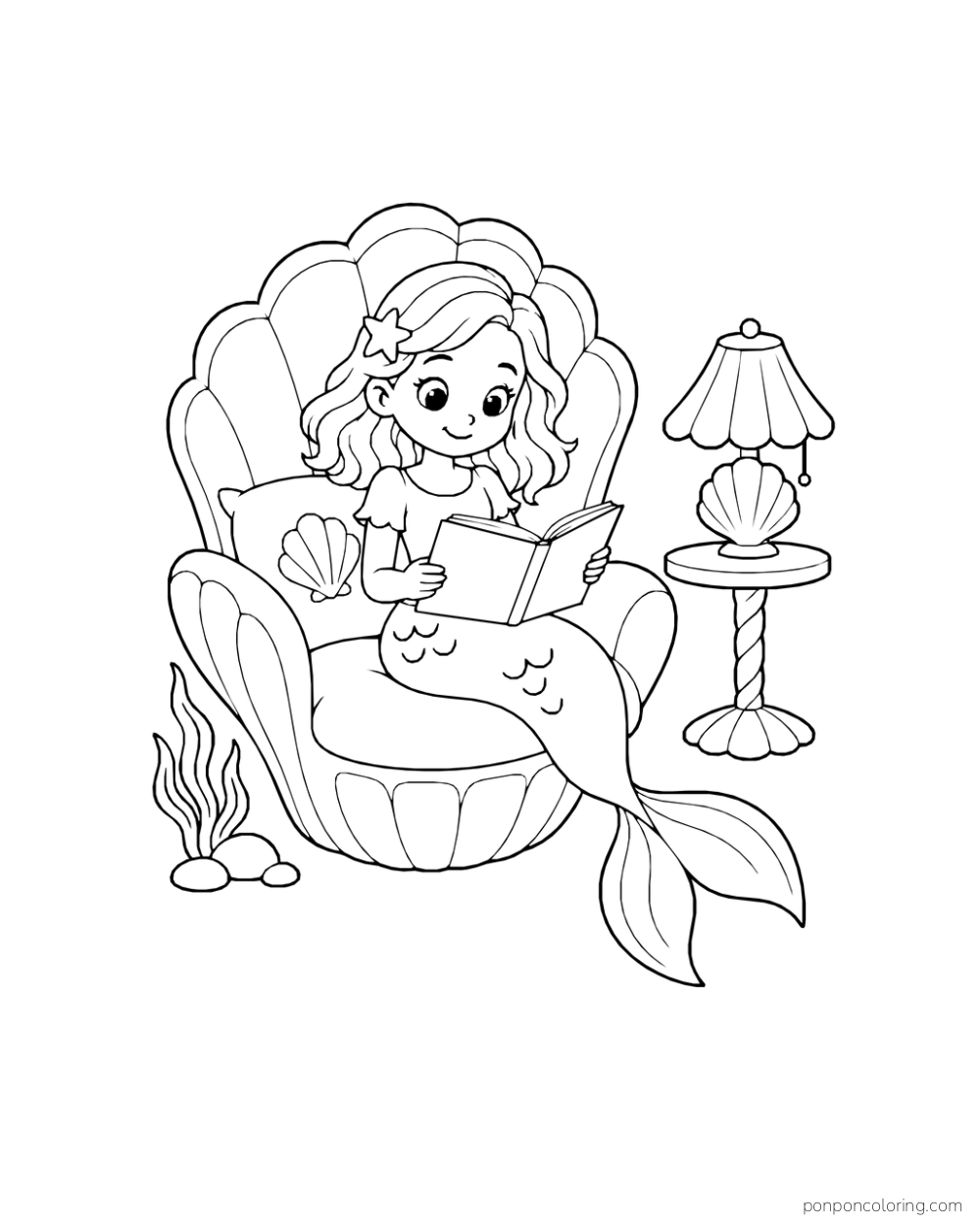 A mermaid reading an open book in a scallop-shaped armchair with a shell cushion, beside a shell lamp on a small table.