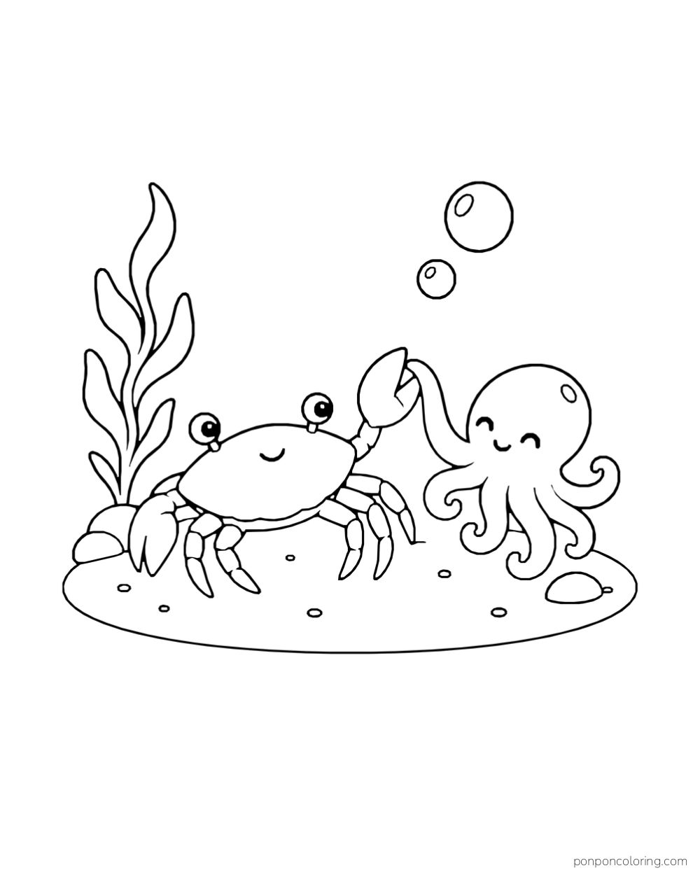 A crab raises one claw toward a small octopus above a sandy patch.