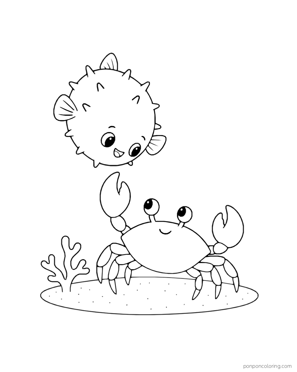 A round pufferfish hovers above a crab with both claws raised beside a small coral sprig.