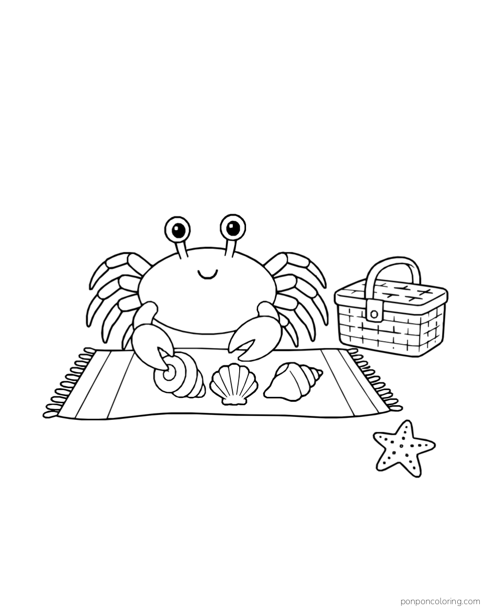 A crab arranging three seashells on a fringed blanket beside a closed picnic basket and a small starfish.