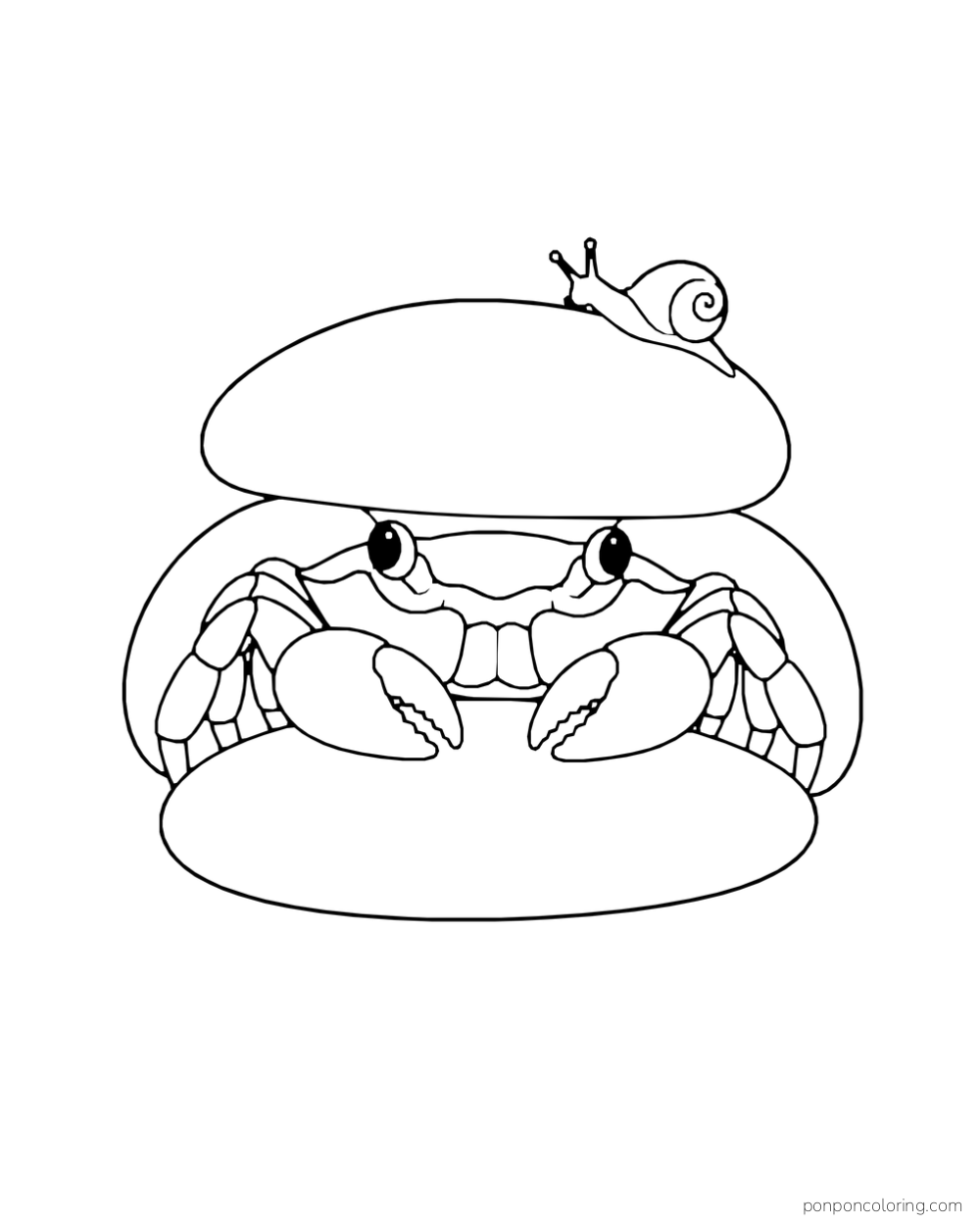 A crab peeks out between two rounded stones as a snail rests on top.