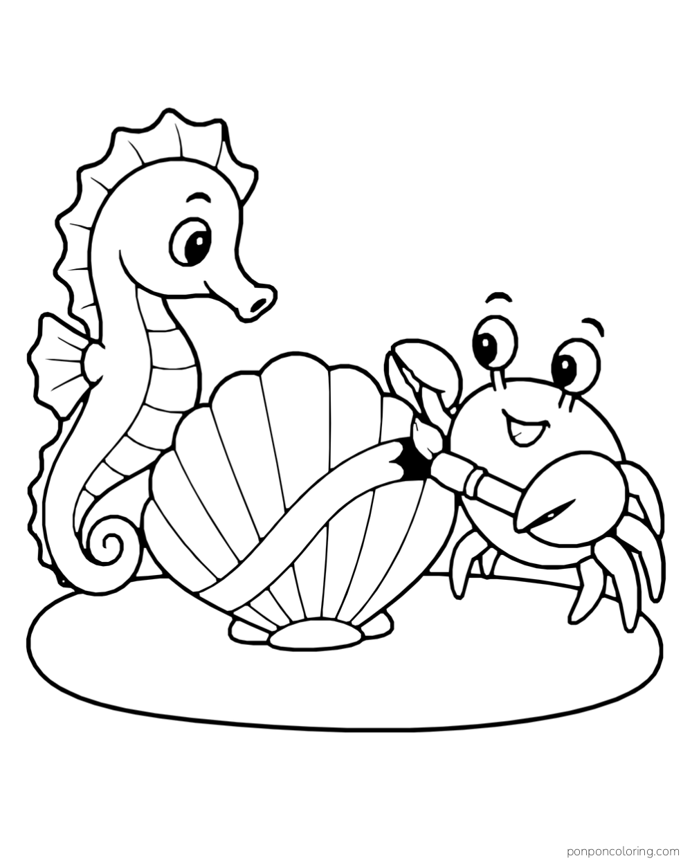 A crab holding a brush against a fan shell while a seahorse looks on.