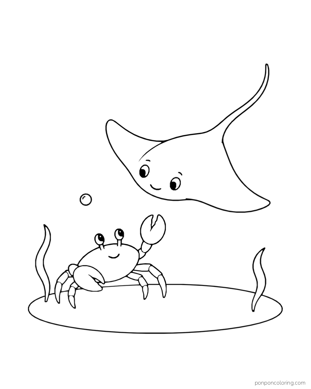 A crab raises one claw toward a gliding ray above a small oval sand patch.