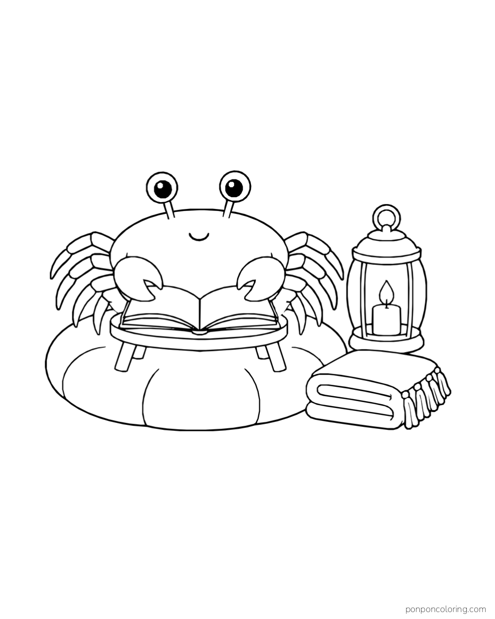 A crab reading an open book on a low stand while resting on a cushion beside a glass lantern and folded blanket.