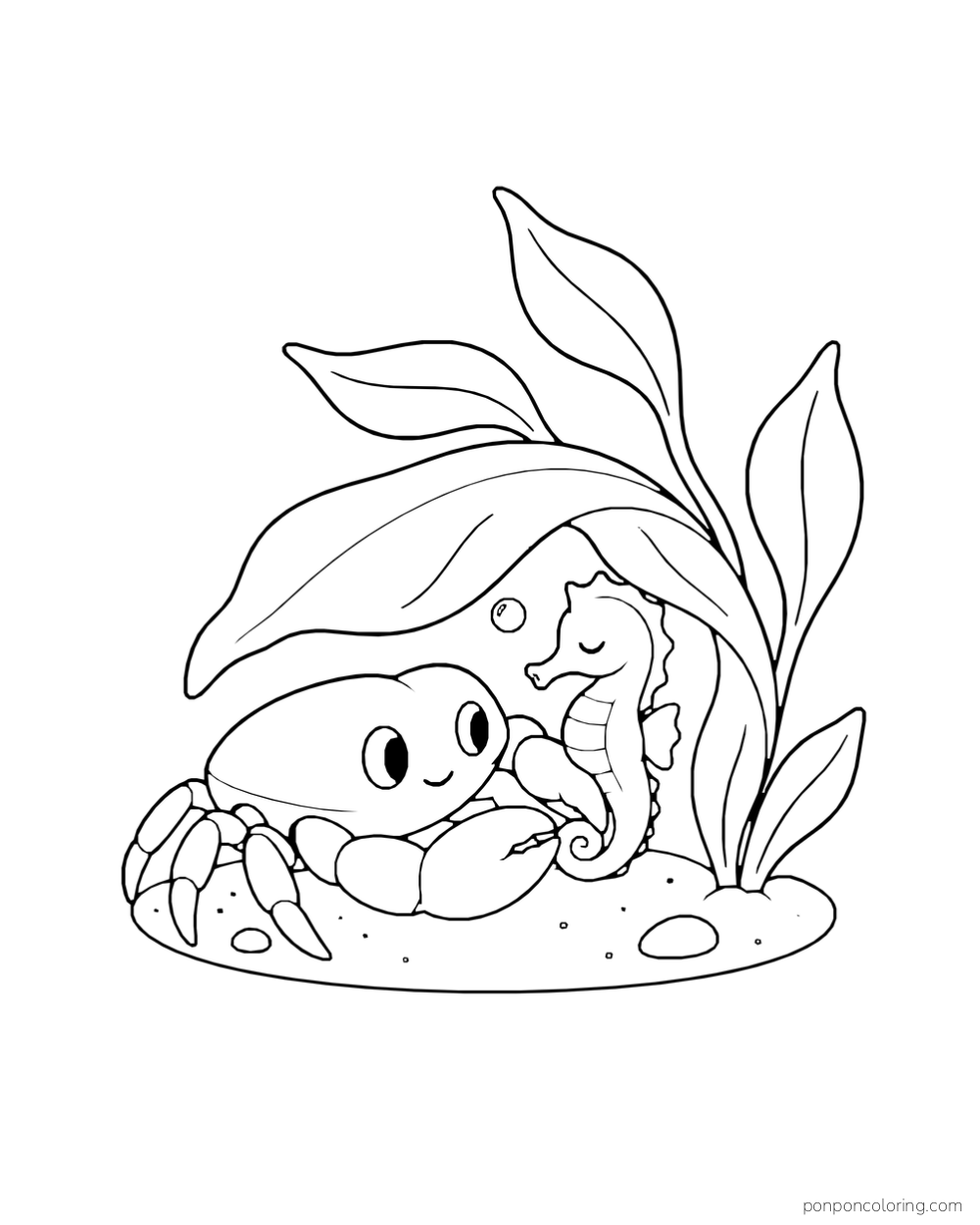 A crab holds a small seahorse beneath a broad leaf beside a plant.