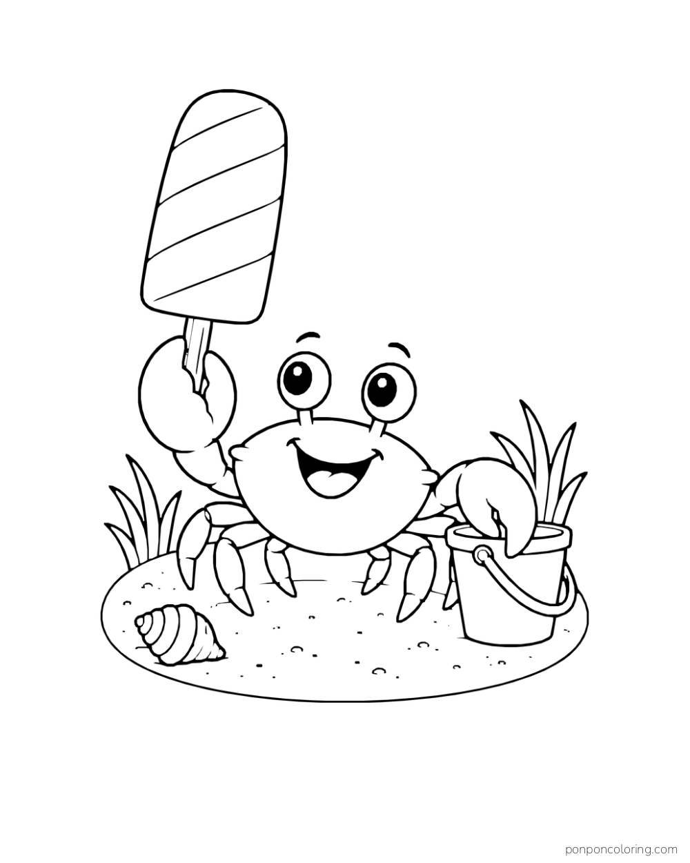 A crab holds a striped ice pop on a small patch of sand.