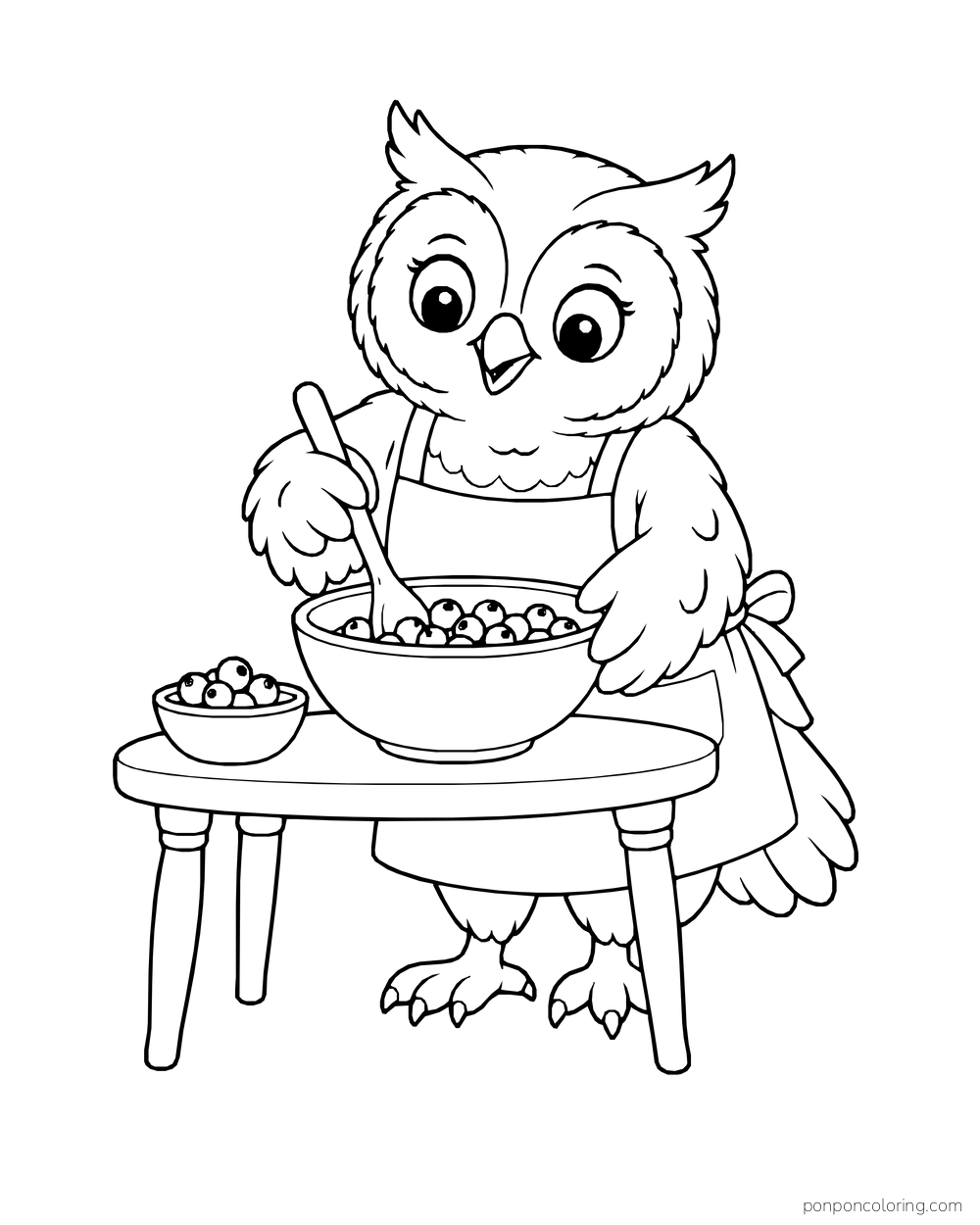 An apron-wearing owl stirs a bowl of round berries beside a smaller berry bowl.