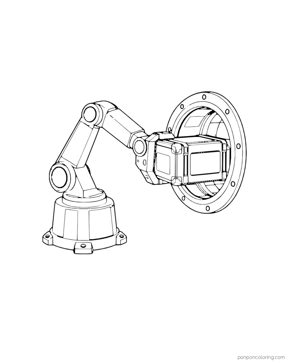 A jointed robotic arm holds a cargo crate in the opening of a round station hatch.