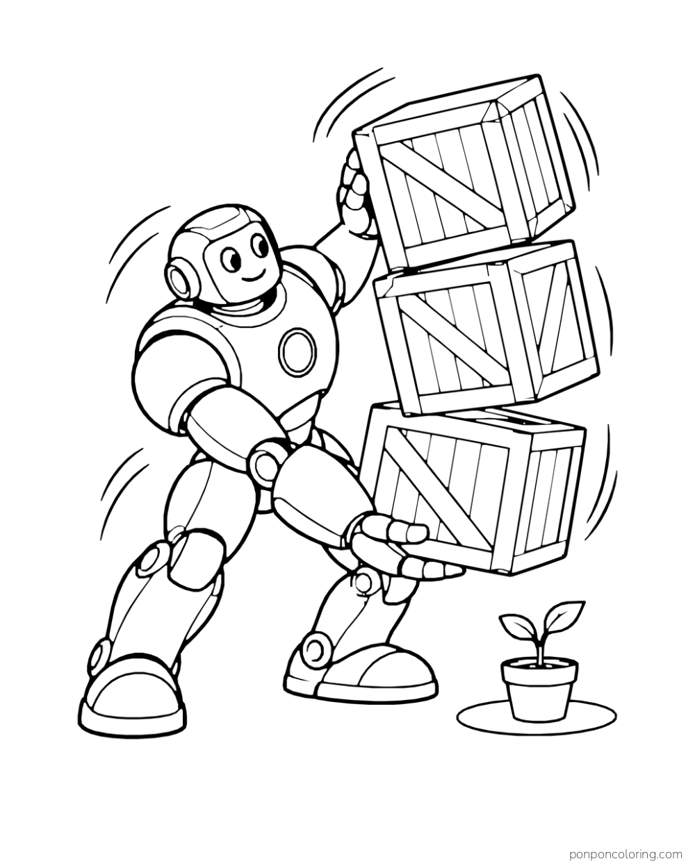 Robot catches three tilting crates before they hit a tiny seedling.