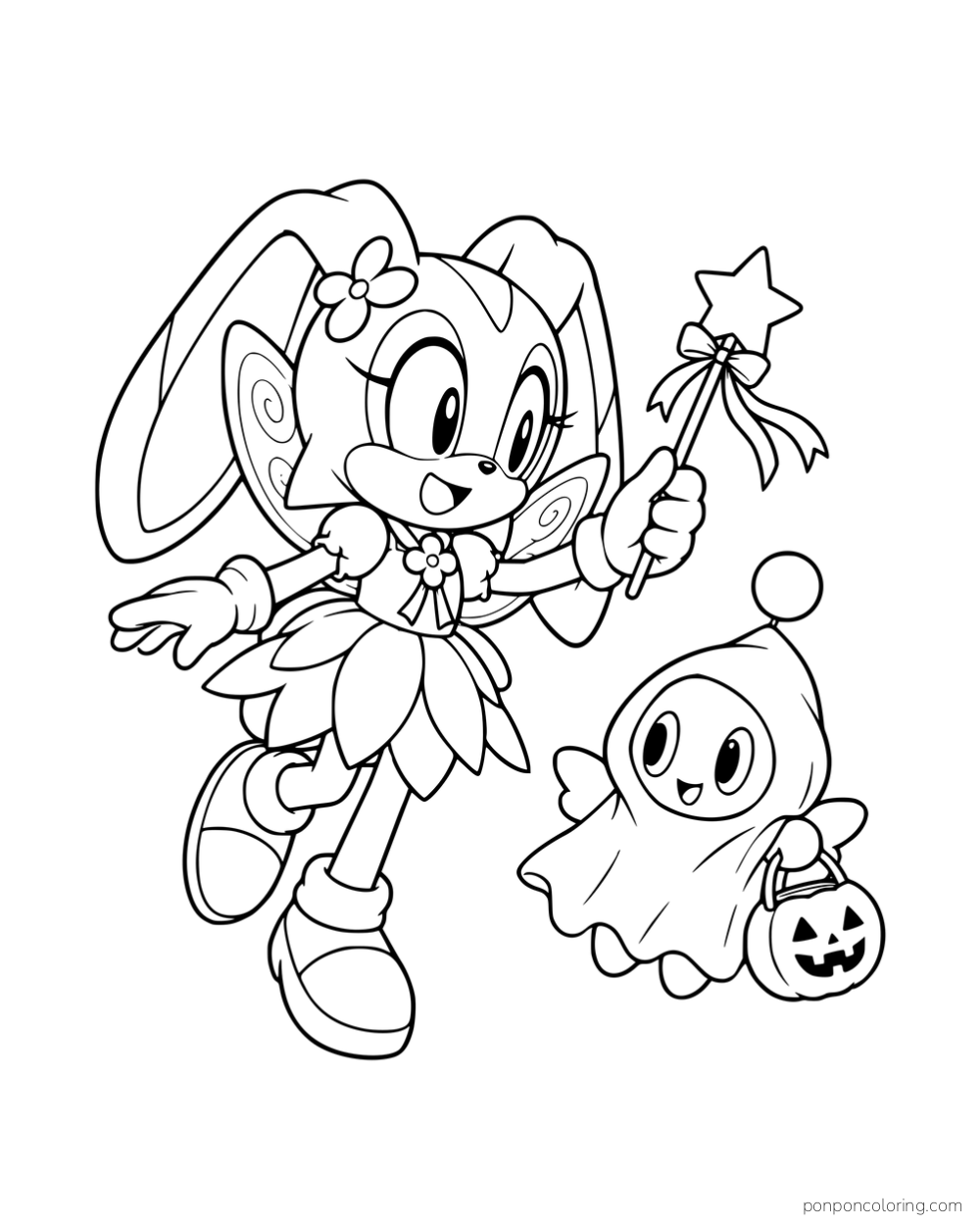 Cream holding a star wand beside Cheese in a ghost costume.