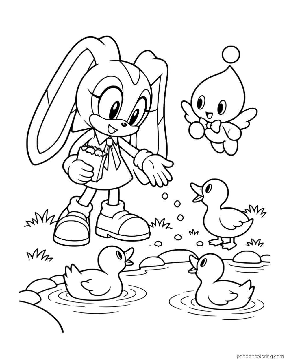Cream scattering food for three ducks while Cheese floats beside her.