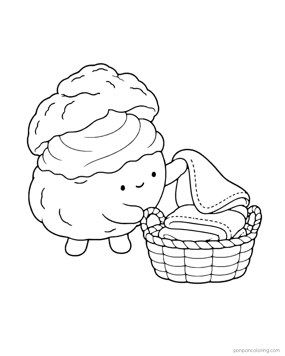 A cream puff folds towels into a woven basket.