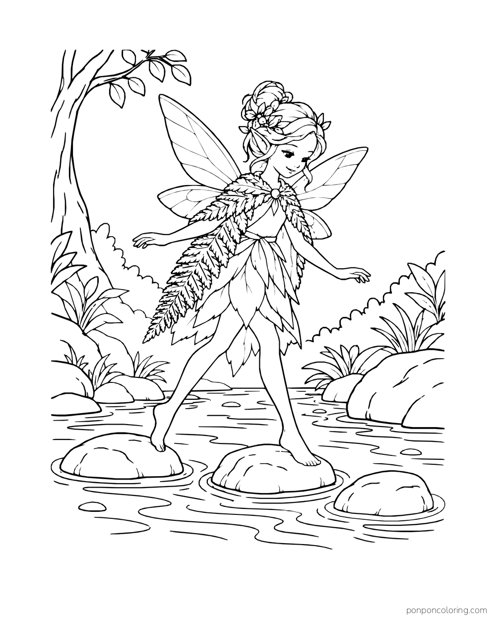 Fern-cloaked fairy stepping across stones in a woodland creek.