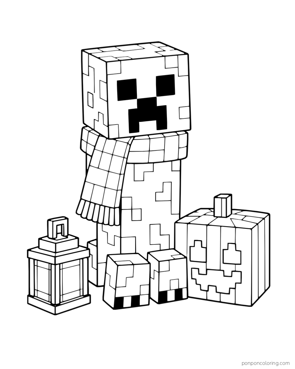 A creeper wears a checked scarf beside a lantern and a carved pumpkin.