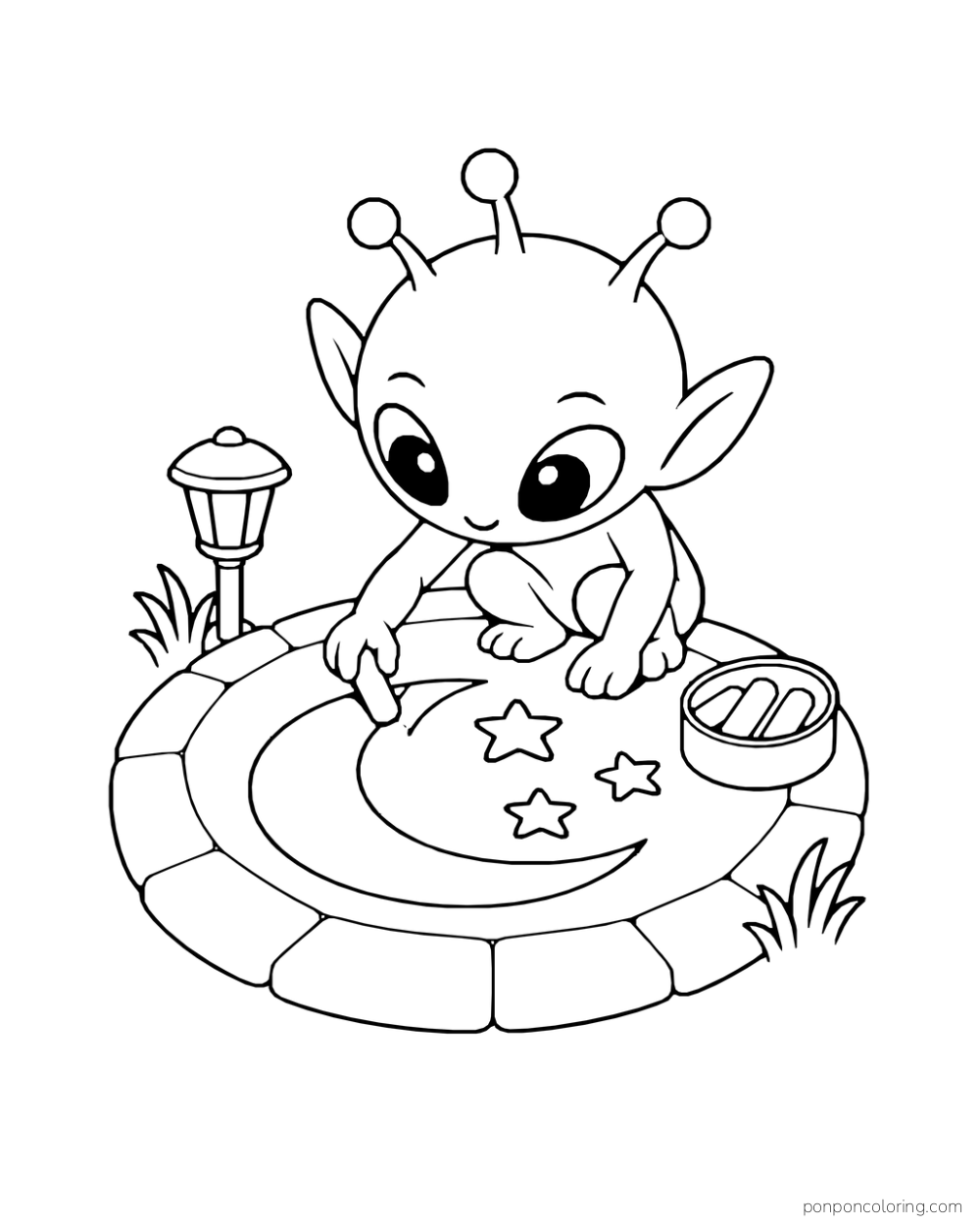 An alien draws a crescent and stars with chalk on a round paved surface.
