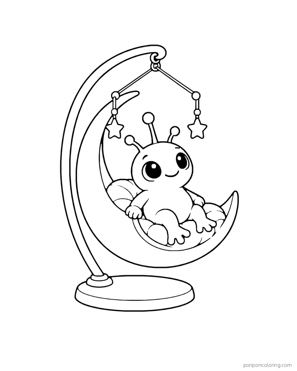 A round alien sits on a cushioned crescent swing beneath hanging stars.