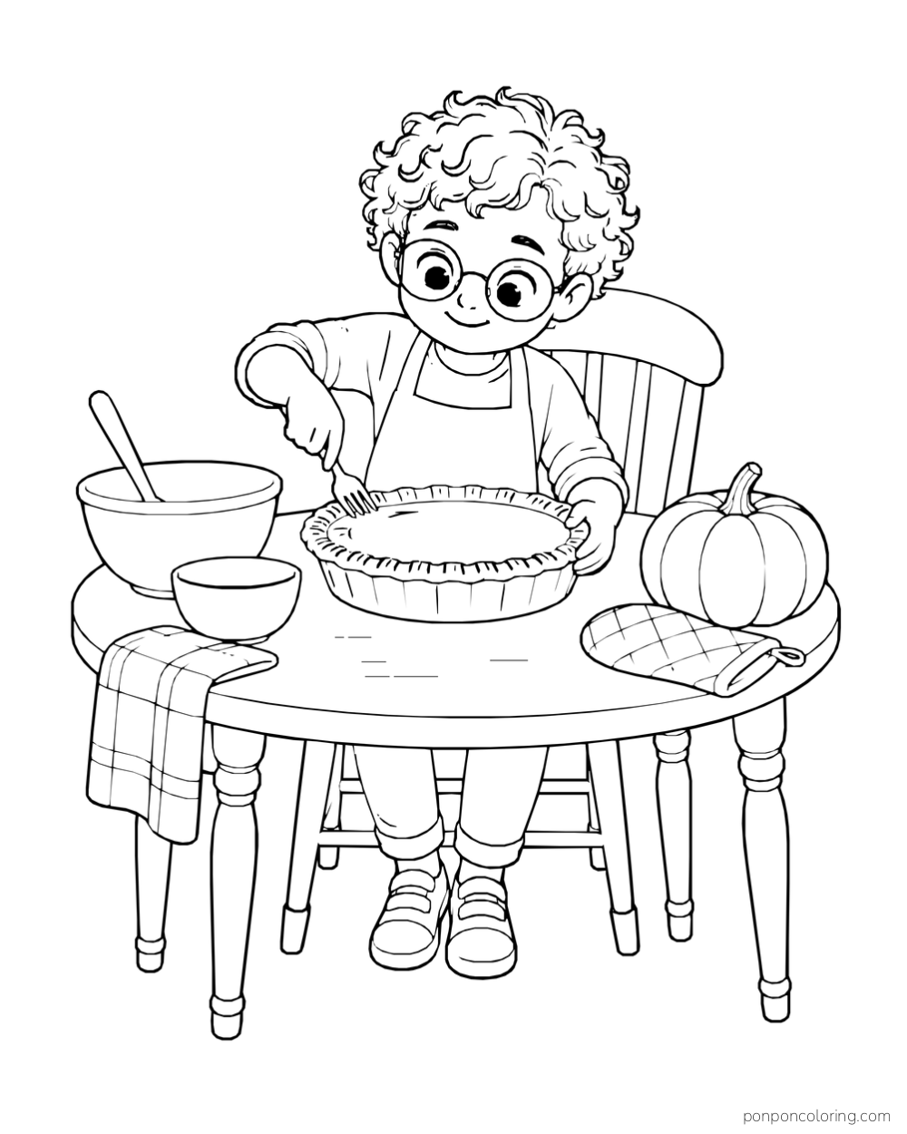 A curly-haired child wearing glasses presses a fork into a pie crust at a table beside bowls, a pumpkin and an oven mitt.
