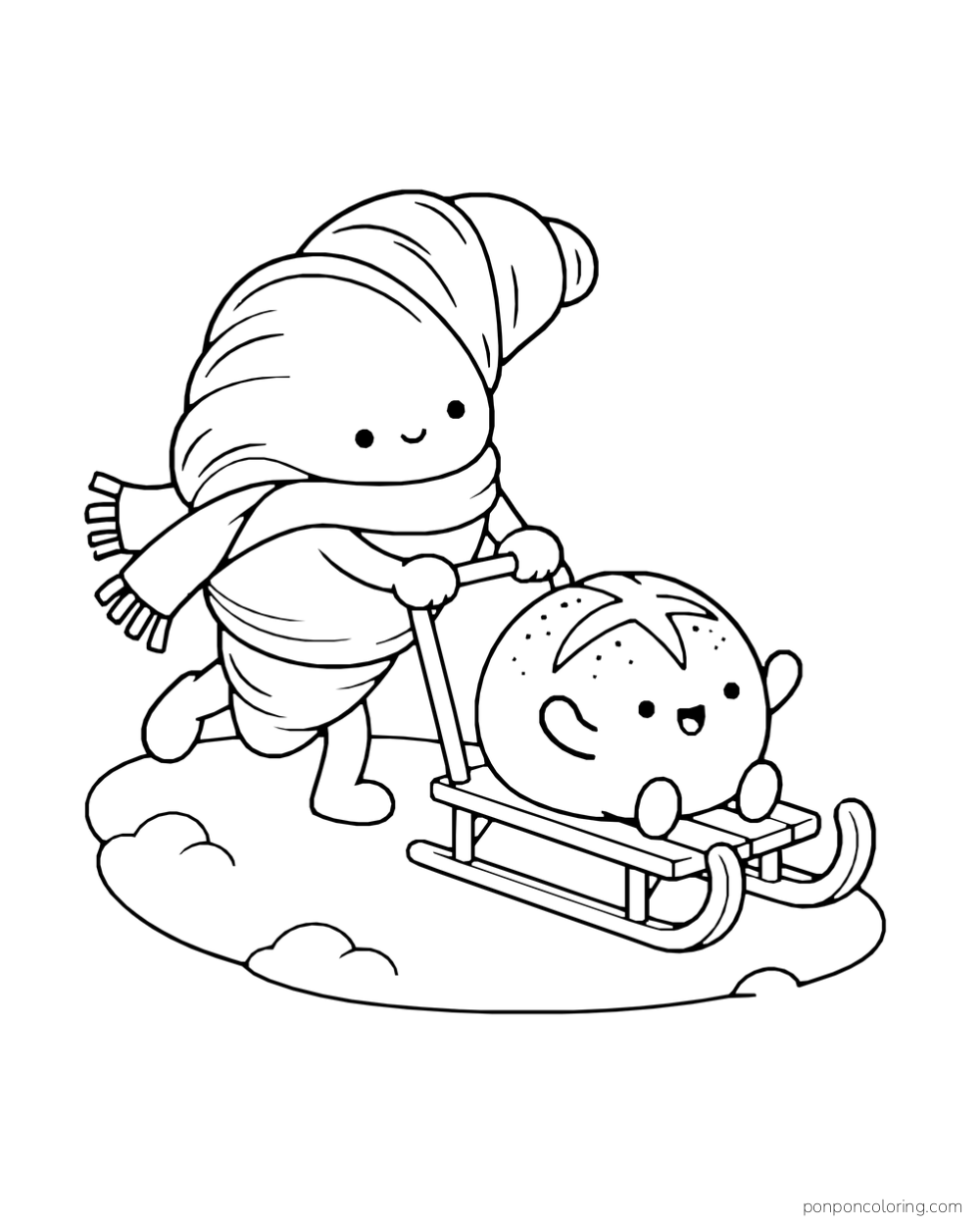 A croissant wearing a scarf pushes a round bun on a sled across snow.
