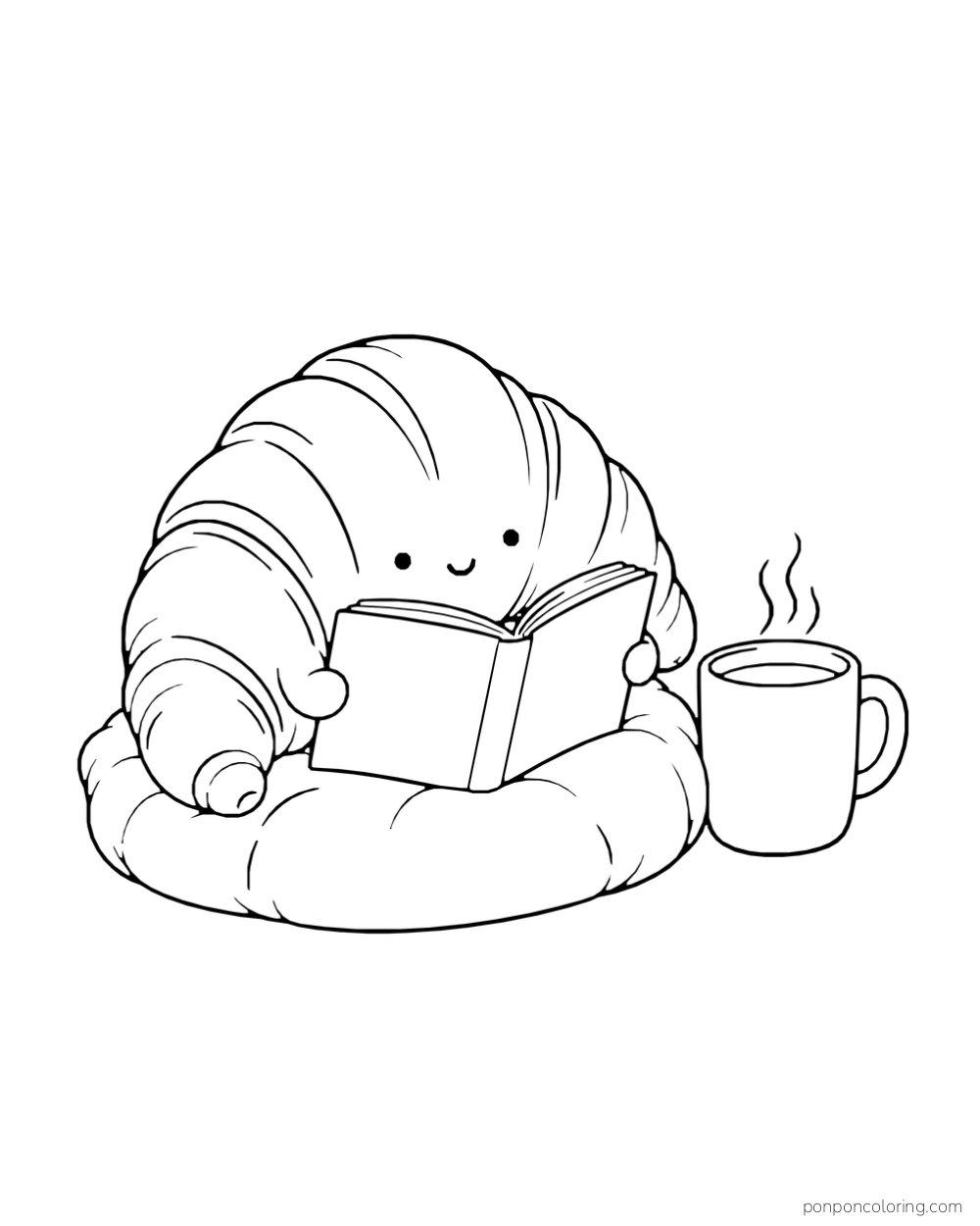 A croissant reads an open book on a round cushion beside a steaming mug.