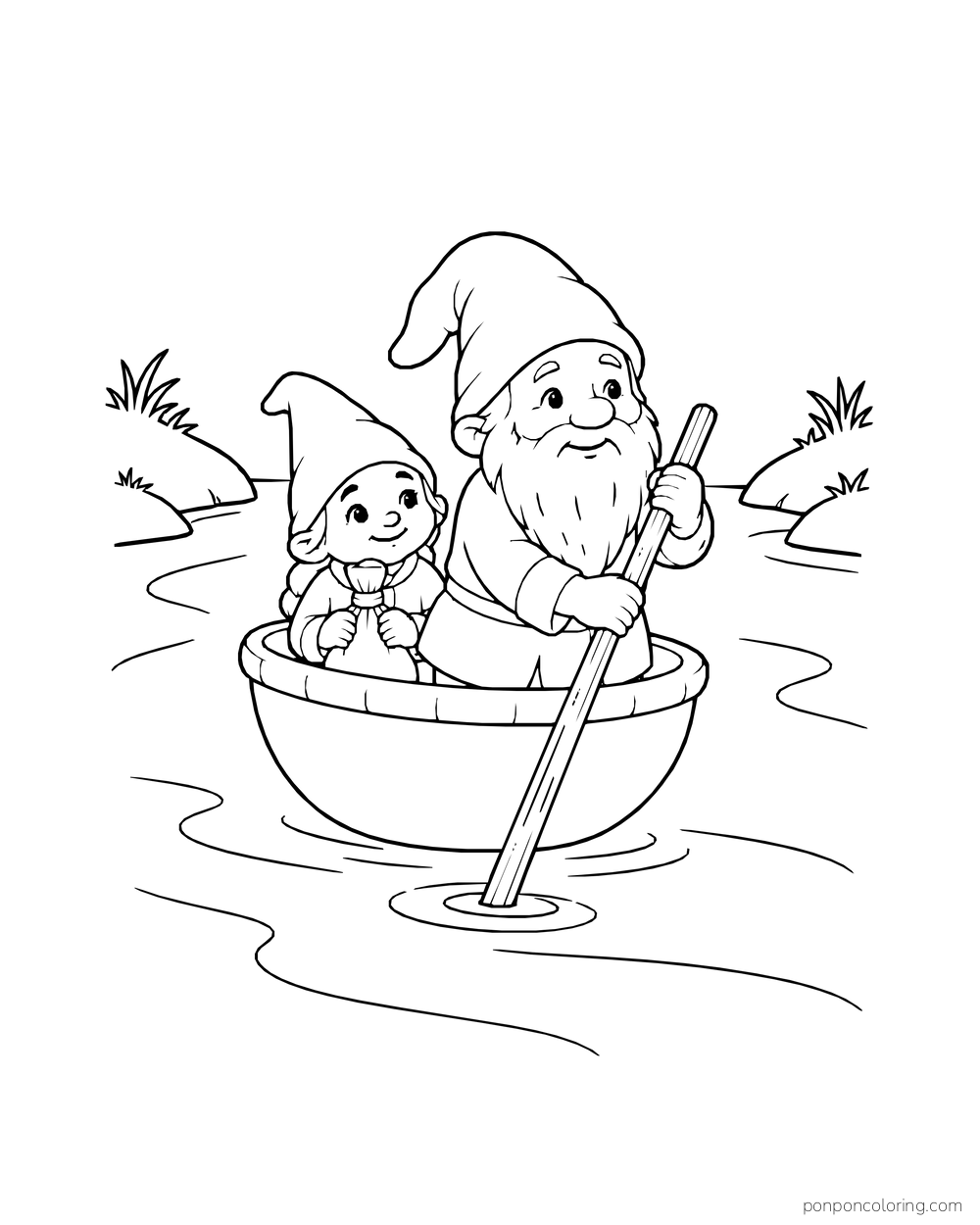Two gnomes riding a round bowl-shaped boat while one steers with a long pole.