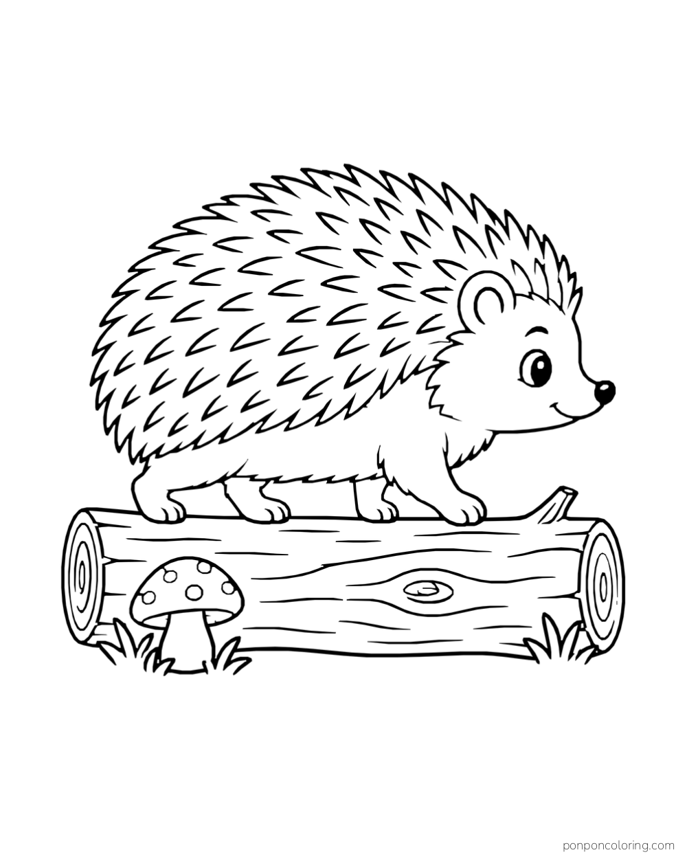 A long low hedgehog walks across a fallen log with a mushroom beside it.