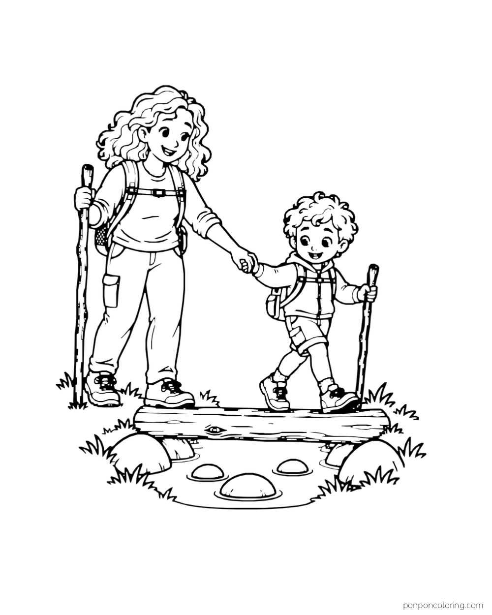 An adult helps a child step over a low log bridge along the trail.