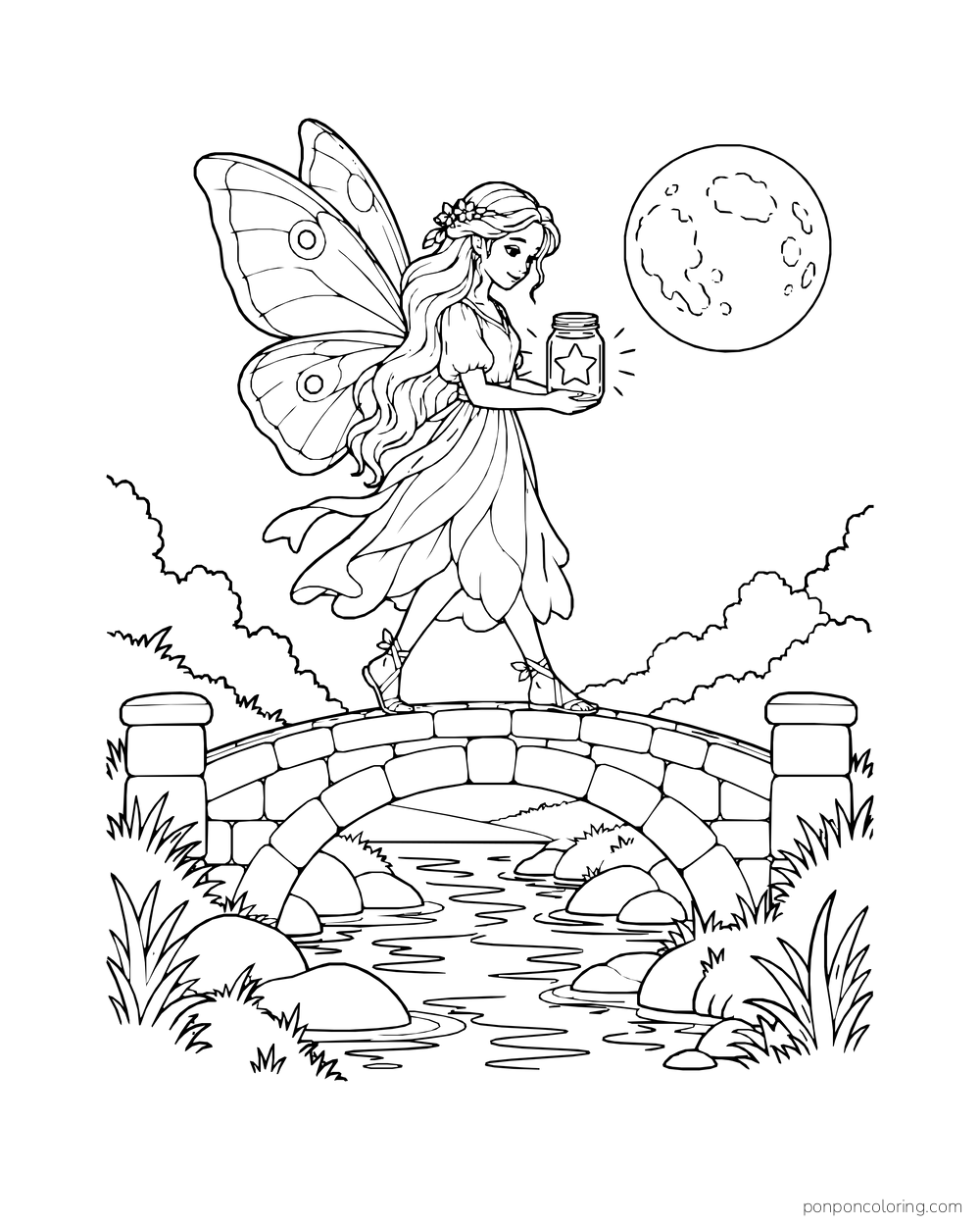 Fairy carrying a star jar across a stone bridge under a full moon.