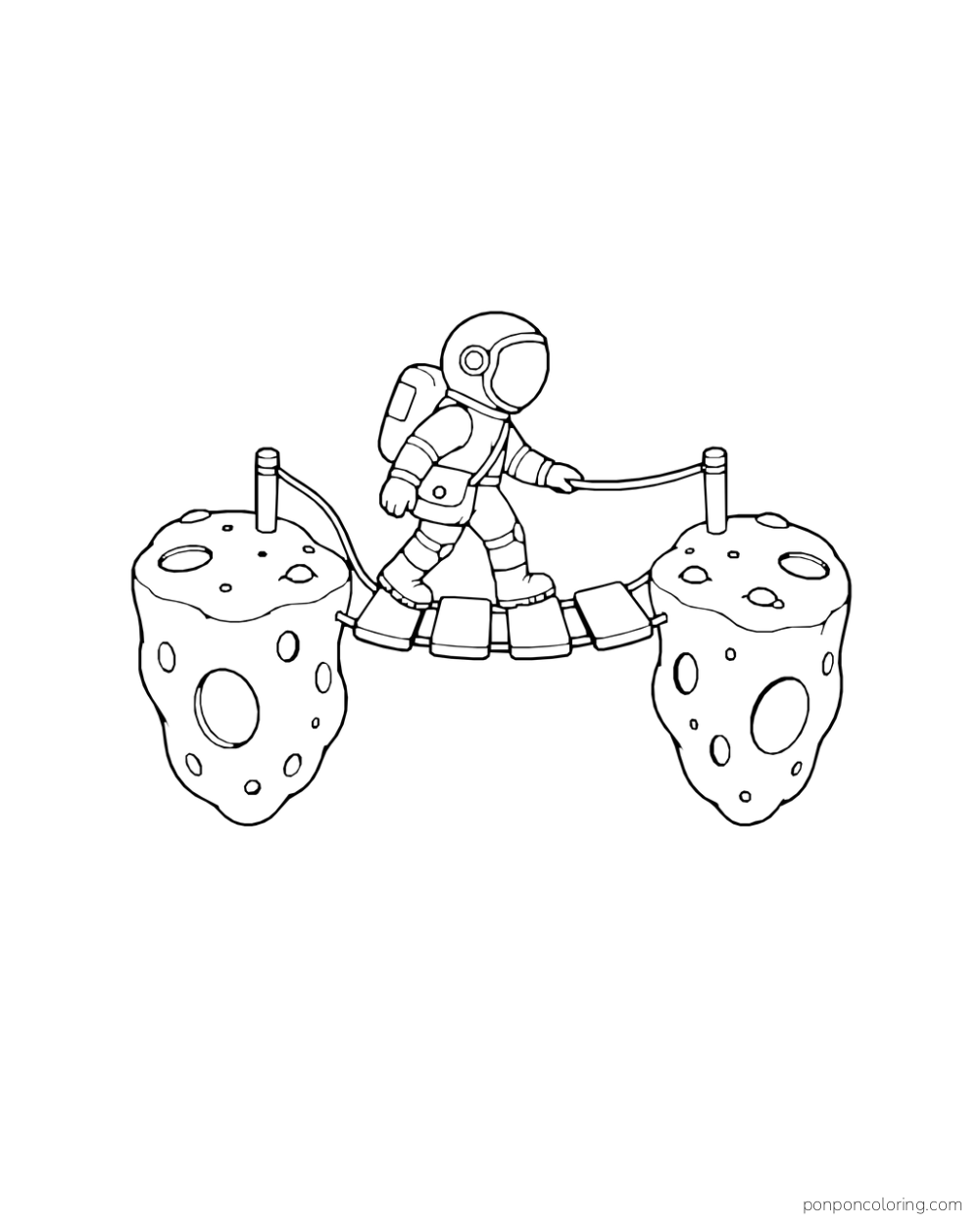 An astronaut crosses a short rope bridge between two rocky ledges.