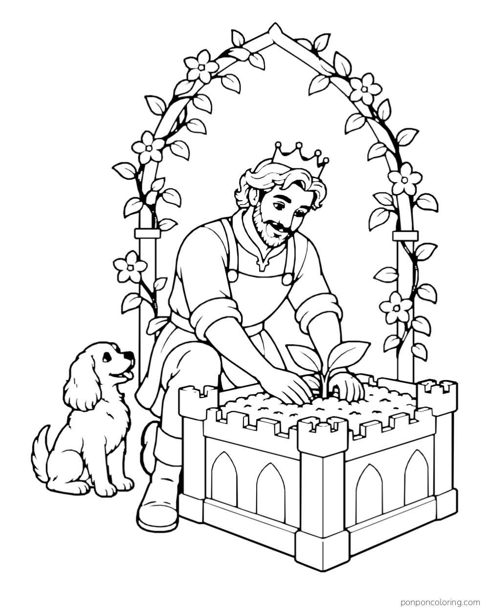 A crowned man planting a seedling in a raised castle planter while a dog sits nearby.