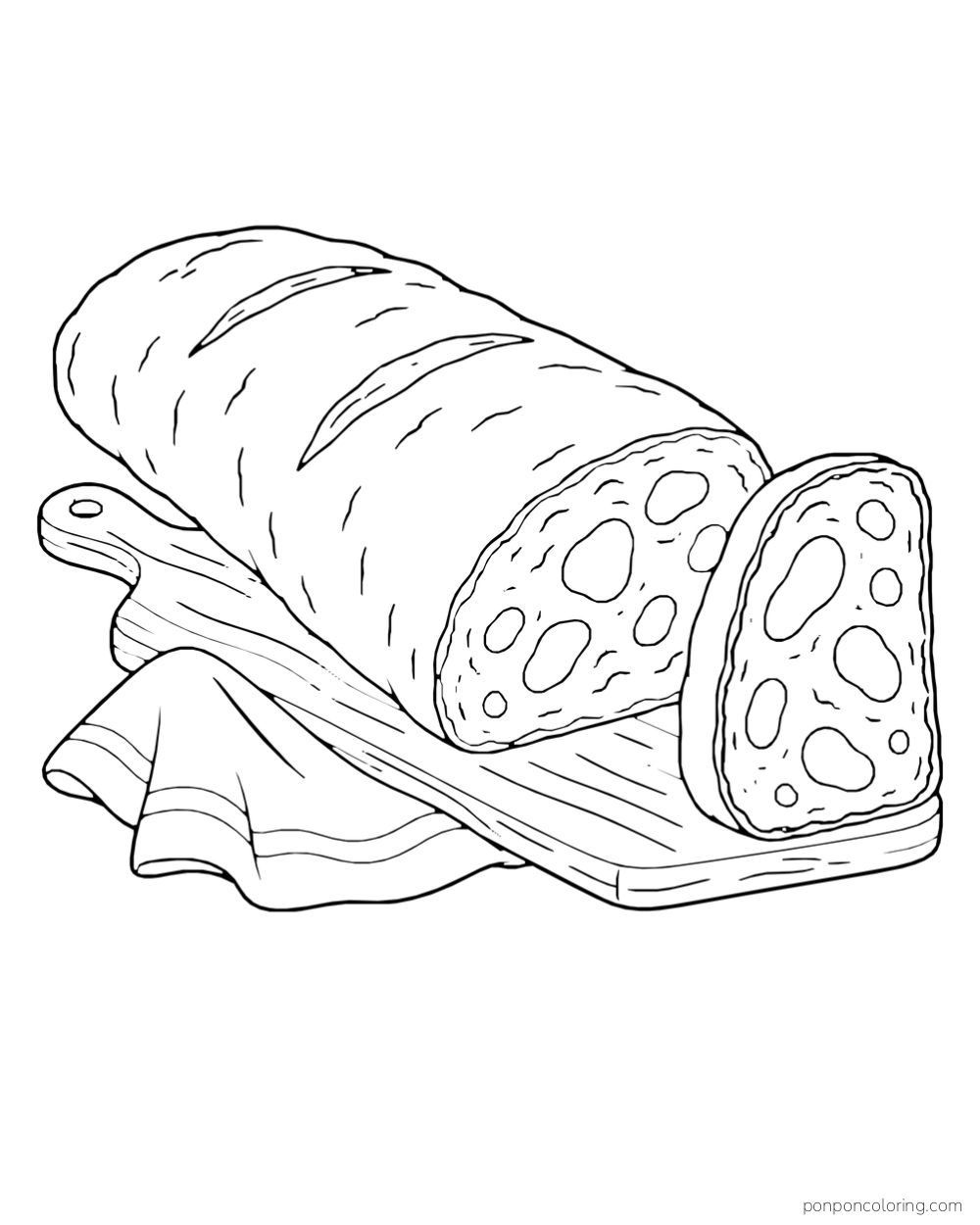 A long crusty loaf with an exposed cut end and one separate slice rests on a board beside folded cloth.
