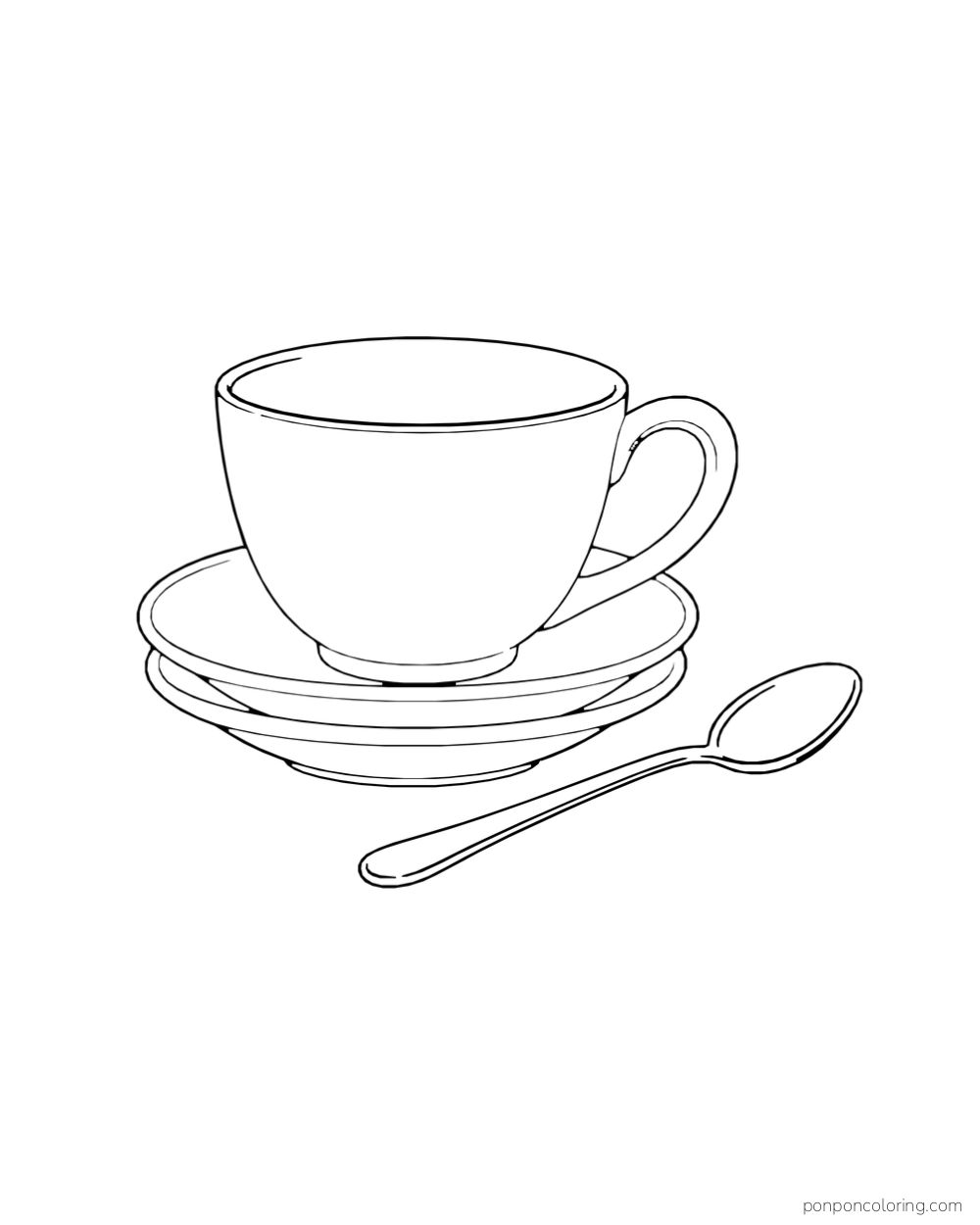 Large plain teacup sits on stacked saucers beside a teaspoon.