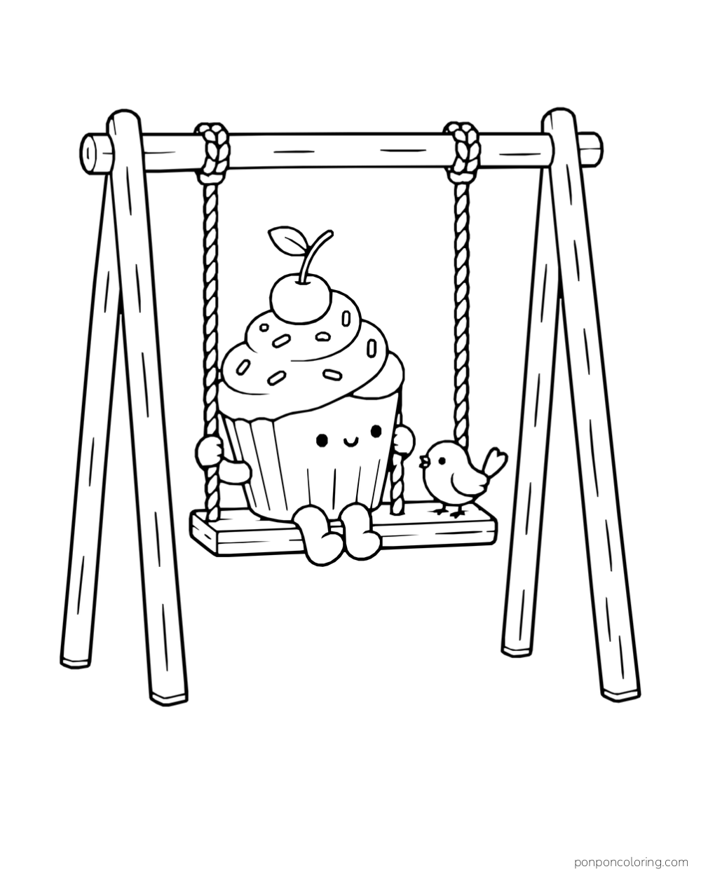 A cupcake and a small bird share a wooden rope swing.