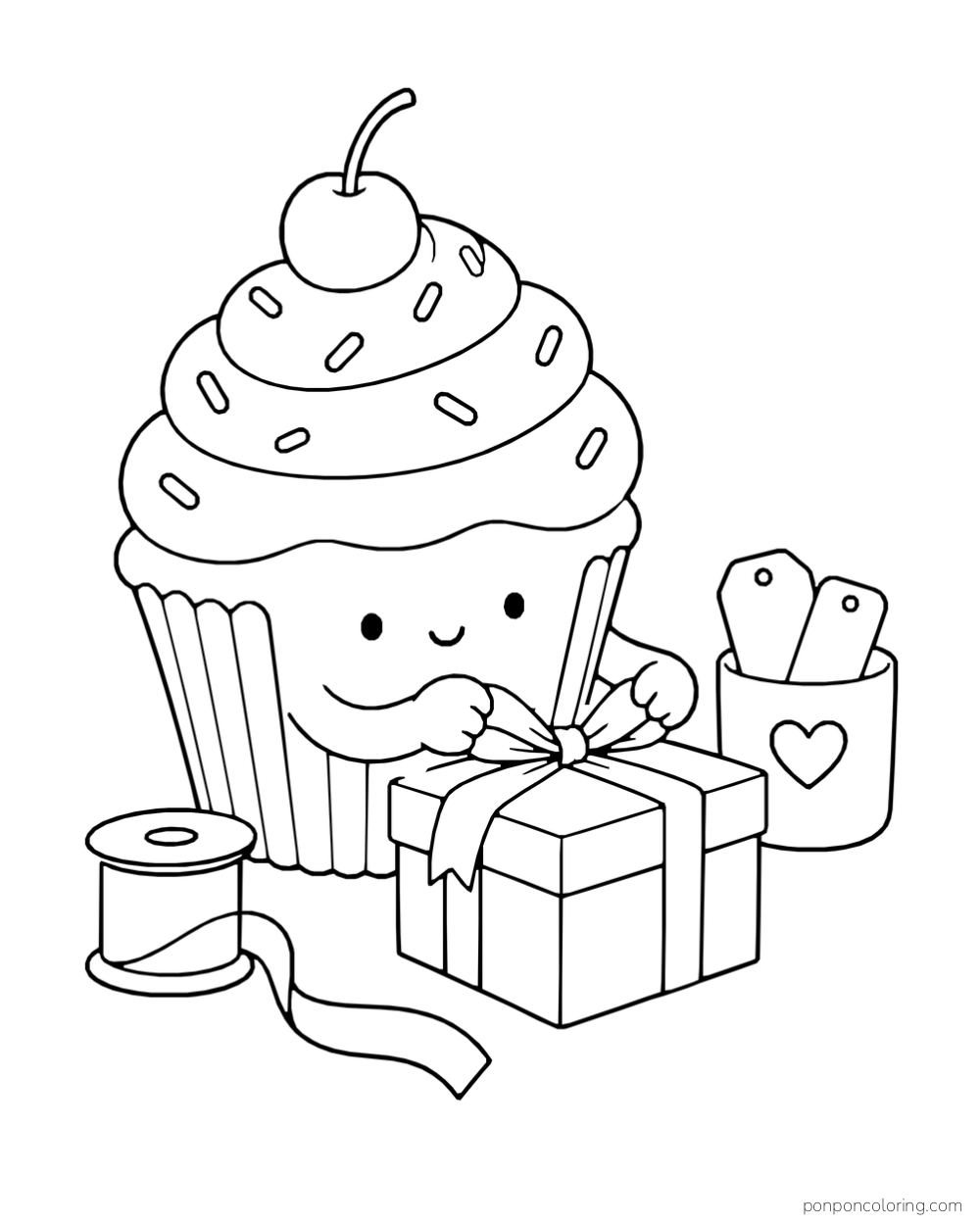 A cupcake ties ribbon around a gift box beside a ribbon spool and a cup holding two tags.