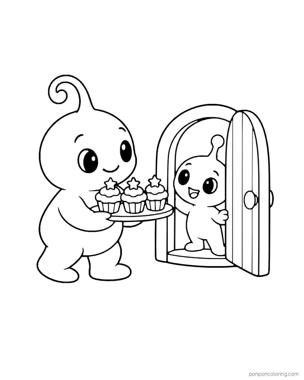 An alien offers star-topped cupcakes to another alien at a rounded doorway.