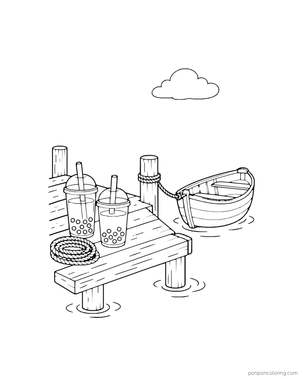 Two boba cups, a rope coil, and a small boat sit beside a wooden dock.
